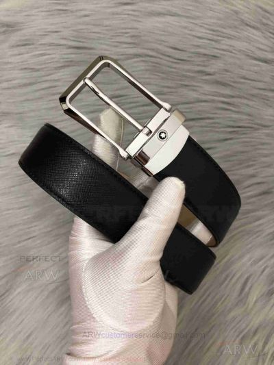 AAA Reversible Montblanc Belt Fake Online - Black Leather Steel Buckle